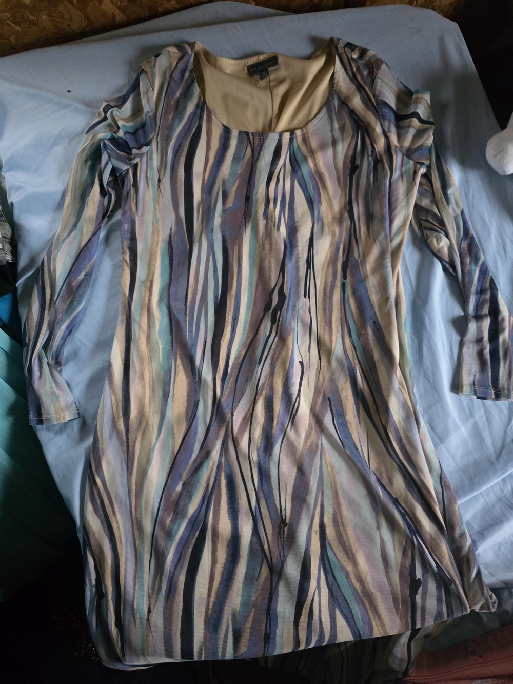 BOLD elements Multi-Stripe Long Sleeve Dress in Beige, Blue, Teal, Purple